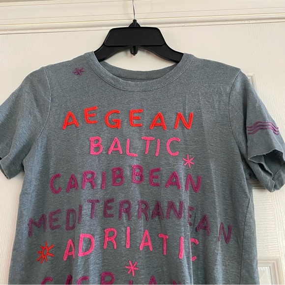 Anthropologie x Chaser Sea Tee Shirt Colorful Embroidered XS Linen Red Vacation - Picture 2 of 10